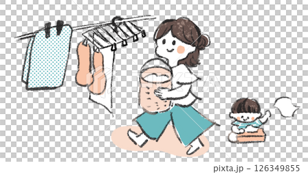 選択物を干すお母さんといたずらする子どものイラスト 126349855