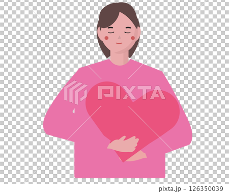 一個女人輕輕地擁抱著她的心臟。心境平和。向量插圖 126350039