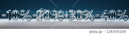 3d crystal glass transparent discount figures set. Water font liquid sale numbers, clear balloon minus 10, 20, 30, 40 percent price off, promo design on white blue gradient background. 3D illustration 126350109