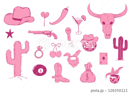Wild west coquette y2k bachelorette cowgirl party collection, western pink rodeo doodle with retro disco elements. Hat, heart and boots. 126350121
