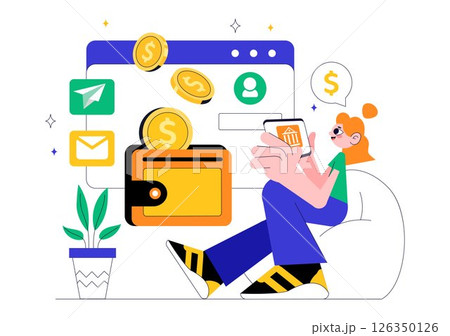 Mobile Banking Vector Illustration featuring a Wallet App for Payment via Phone and Wireless Cash Transactions using Credit and Debit Cards Background 126350126