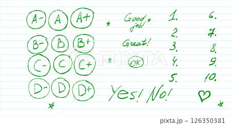 A Plus to D Minus School Grade Doodles. Hand drawn doodle icons showing various school grades from A to D, great for teacher resources, worksheets, and educational printables. A Plus to D Minus School Grade Doodles. Hand drawn doodle icons showing various school grades from A to D, great for teacher resources, worksheets, and educational printables. 126350381