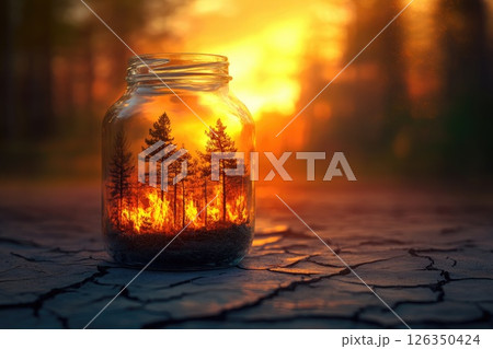 Glass jar containing miniature forest scene with flames and sunset glow creating a surreal atmosphere Glass jar containing miniature forest scene with flames and sunset glow creating a surreal atmosphere 126350424