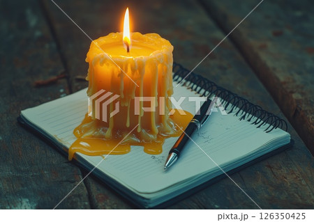 Yellow candle with melted wax on open notebook beside a pen creating a cozy atmosphere Yellow candle with melted wax on open notebook beside a pen creating a cozy atmosphere 126350425