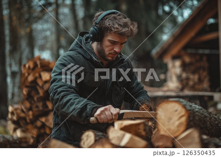 Young man wearing headphones is chopping wood in a forest with stacked logs in the background Young man wearing headphones is chopping wood in a forest with stacked logs in the background 126350435