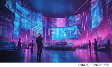 Futuristic digital control room with holographic displays and professionals analyzing data trends Futuristic digital control room with holographic displays and professionals analyzing data trends 126350436