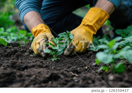 Gardener in yellow gloves planting seedlings in rich soil surrounded by vibrant green foliage Gardener in yellow gloves planting seedlings in rich soil surrounded by vibrant green foliage 126350437