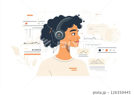 Young woman with curly hair wearing headphones in a digital workspace with data visualizations 126350445