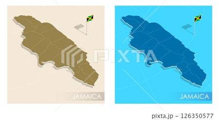 Jamaica country flag installed on geographic positioning map point of country territory. Jamaican commonwealth banner on land and sea. Festive patriotic HD format template for independence day Jamaica country flag installed on geographic positioning map point of country territory. Jamaican commonwealth banner on land and sea. Festive patriotic HD format template for independence day 126350577