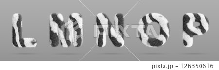 Zebra fluffy font letters L, M, N, O, P with african wild animal skin print. English alphabet for kids with fur striped pattern and white black hairy texture, isolated render icon set. 3D illustration Zebra fluffy font letters L, M, N, O, P with african wild animal skin print. English alphabet for kids with fur striped pattern and white black hairy texture, isolated render icon set. 3D illustration 126350616
