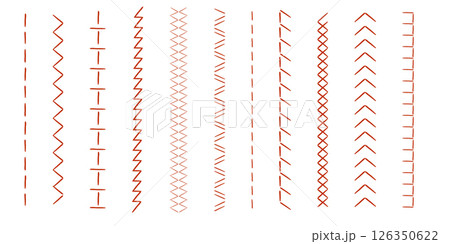 Stitch sewing machine, embroidery stitch border line zig zag hatch. Geometric fabric needlework, thread sew brushes, sewing seams.  126350622