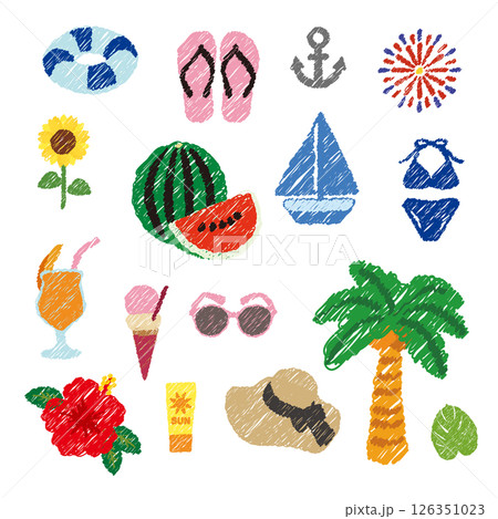 夏の素材　夏休み　手描き風　アイコン 126351023