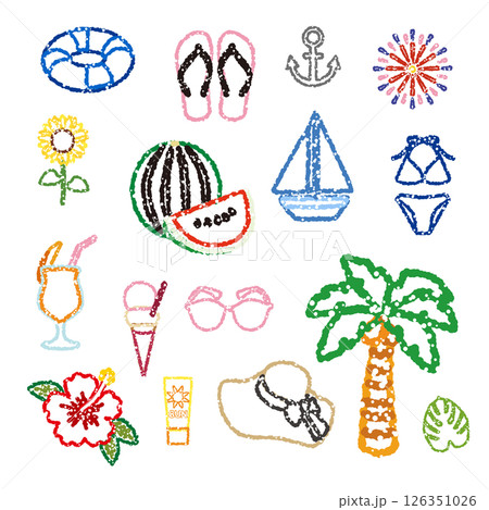 夏の素材　夏休み　手描き風　アイコン 126351026
