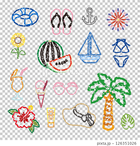 夏の素材　夏休み　手描き風　アイコン 126351026