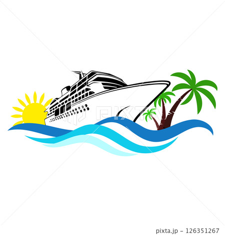 Cruise ship on blue waves, yellow sun and green palm trees Cruise ship on blue waves, yellow sun and green palm trees 126351267
