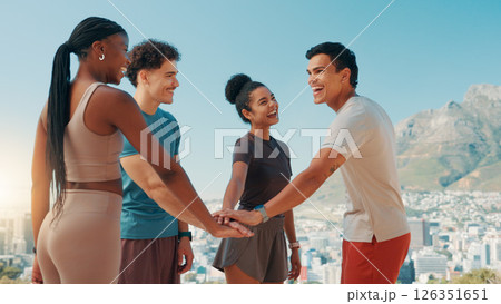 Happy people, fitness and hands together with team in nature for workout, exercise or motivation. Active, group or friends piling with smile or stack for mission, training or health and wellness Happy people, fitness and hands together with team in nature for workout, exercise or motivation. Active, group or friends piling with smile or stack for mission, training or health and wellness 126351651