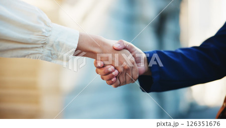 Teamwork, business people and handshake in city for agreement, real estate deal or sale. Closeup, shaking hands and partnership for property investment, collaboration together and thank you outdoor 126351676