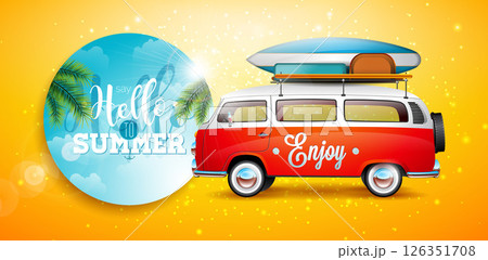 Summer Holiday Illustration with Exotic Leaves, Blue Sky and Travel Van with Surf Board on Yellow Background. Tropical Vector Beach Holiday Illustration for Banner, Flyer, Invitation, Brochure, Poster Summer Holiday Illustration with Exotic Leaves, Blue Sky and Travel Van with Surf Board on Yellow Background. Tropical Vector Beach Holiday Illustration for Banner, Flyer, Invitation, Brochure, Poster 126351708