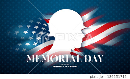 Memorial Day of the USA Vector Illustration with Flag and Patriotic Soldier Silhouette on Blue Background. American National Celebration Design with Typography Lettering for Banner, Greeting Card or 126351713