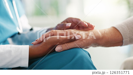 Nurse, hands and elderly patient with empathy for comfort, healthcare or consultation at retirement home. Closeup, doctor or caregiver with senior person for assisted living or sympathy at house Nurse, hands and elderly patient with empathy for comfort, healthcare or consultation at retirement home. Closeup, doctor or caregiver with senior person for assisted living or sympathy at house 126351771