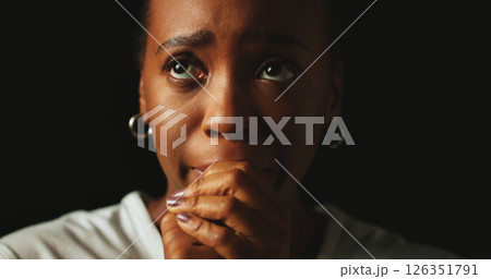 Thinking, depression and black woman with stress in studio, fear and mental health on background. Pensive, anxiety and sad person worry for psychological trauma, crisis and abuse victim with doubt 126351791