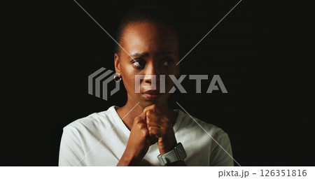 Thinking, depression and black woman with anxiety in studio, fear and mental health on background space. Pensive, stress and person worry for psychological trauma, crisis or abuse victim with regret 126351816