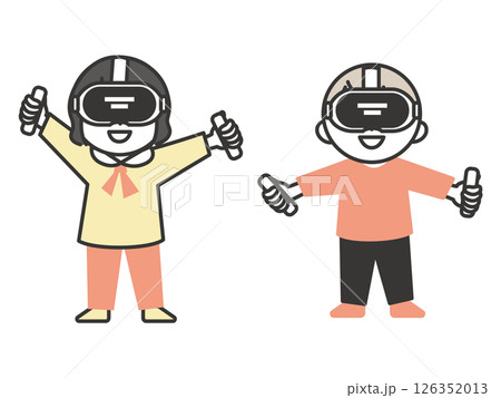 VRゴーグルをつけて遊ぶ子供たちのイラスト　シンプルでかわいい近未来テクノロジーの体験 126352013