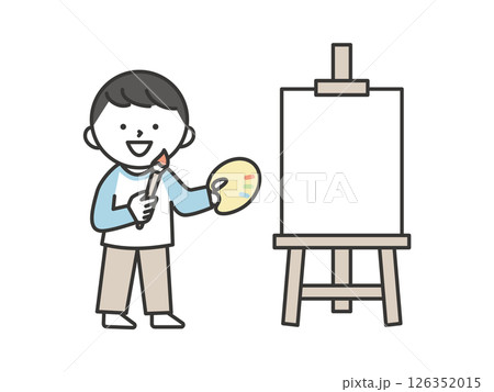 イーゼルに向かって絵を描く男の子のイラスト　芸術・創作活動を楽しむシンプルでかわいい表現 126352015