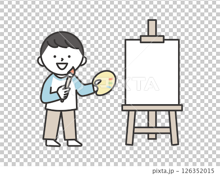 イーゼルに向かって絵を描く男の子のイラスト　芸術・創作活動を楽しむシンプルでかわいい表現 126352015