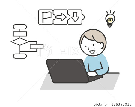 パソコンでプログラミングをする男の子のイラスト IT学習・STEM教育に役立つシンプルでかわいい表現 パソコンでプログラミングをする男の子のイラスト IT学習・STEM教育に役立つシンプルでかわいい表現 126352016