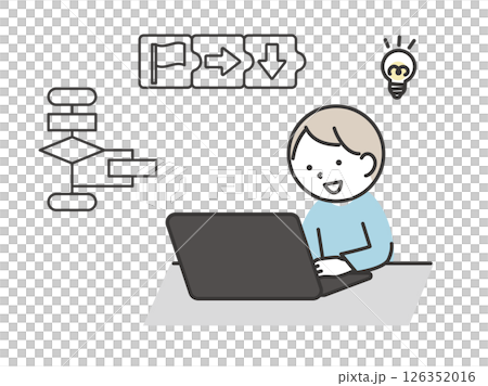 パソコンでプログラミングをする男の子のイラスト IT学習・STEM教育に役立つシンプルでかわいい表現 パソコンでプログラミングをする男の子のイラスト IT学習・STEM教育に役立つシンプルでかわいい表現 126352016