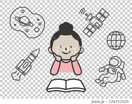 小女孩學習太空知識的插圖：可愛的學習場景，激發對科學的興趣 126352020