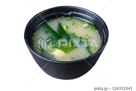 Miso soup with seaweed and tofu in black bowl Miso soup with seaweed and tofu in black bowl 126352041