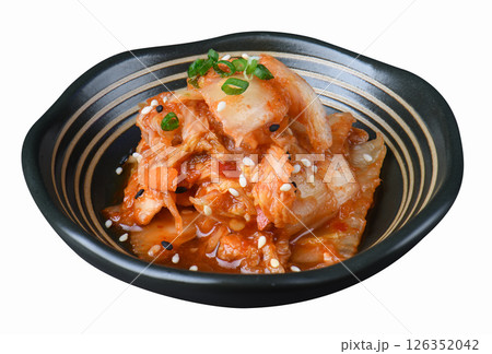 Korean kimchi cabbage in black-striped bowl 126352042