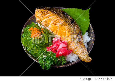 Grilled salmon rice bowl with vegetables Grilled salmon rice bowl with vegetables 126352107