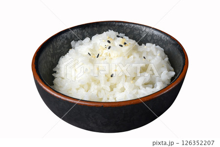 Bowl of white rice with sesame seeds on white background 126352207