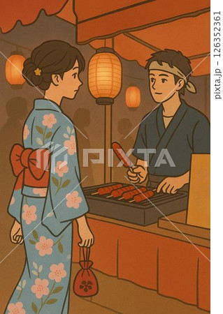 お祭り　ひとりで寂しげな女性の横顔　Generative AI 126352361