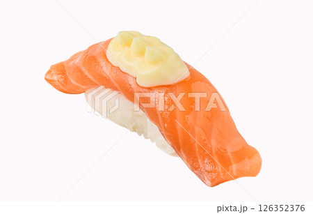Seared salmon sushi nigiri with mayo topping on white background 126352376