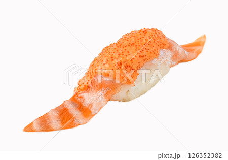 Salmon sushi nigiri with spicy roe topping on white background 126352382