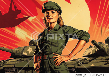 Female tanker in full combat gear poses in front of a modern tank, styled in bold pin-up poster fashion with strong patriotic energy 126352418
