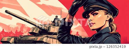 Empowering pin-up scene of a female tanker in uniform with tank behind her, celebrating strength, pride, and modern patriotism, banner 126352419