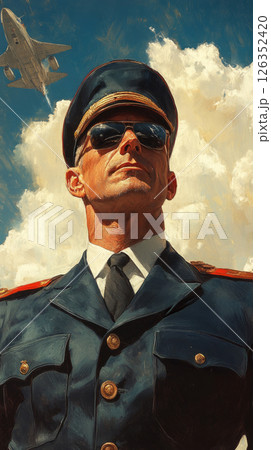 Bold advertising poster featuring male soldier in tanker gear and helmet posing with confidence before a tank, styled with heroic tone, vintage grit, and national pride 126352420