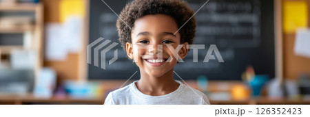 Smiling Afroamerican boy in a sunlit classroom with a chalkboard behind, captured in a bright and cheerful commercial scene, banner 126352423