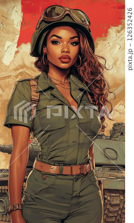 Stylish pin-up image of a proud Afroamerican male soldier in tanker gear, posing with a modern tank behind him in a bold, empowering scene 126352426