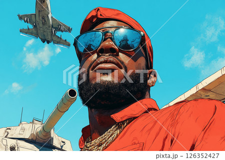 Full-length Afroamerican male tanker in combat uniform stands proud before a modern tank, captured in bold 1950s pin-up poster style with patriotic energy and heroic strength 126352427