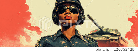 Stylish pin-up image of a heroic Afroamerican woman in tanker gear with combat tank behind, captured in calm tones with fierce pride, banner 126352429
