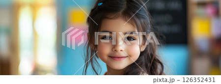 Smiling Arabian girl with dark hair turned halfway, gazing into the lens in a sunlit classroom with a chalkboard in the background, banner 126352431