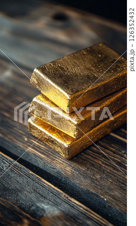 Clean gold bars arranged on dark grainy wood, deep tones and gloss add texture and value feel, perfect for luxury or banking visuals 126352432