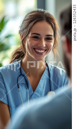 A smiling nurse provides professional care during a check-up, helping a patient in a welcoming, well-lit hospital environment, ensuring comfort and trust 126352435