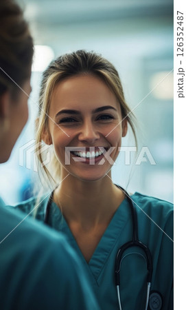 A nurse gently checks a smiling patient, captured in a close-up with soft lighting, showcasing the compassion and trust shared during care in a bright hospital room 126352487